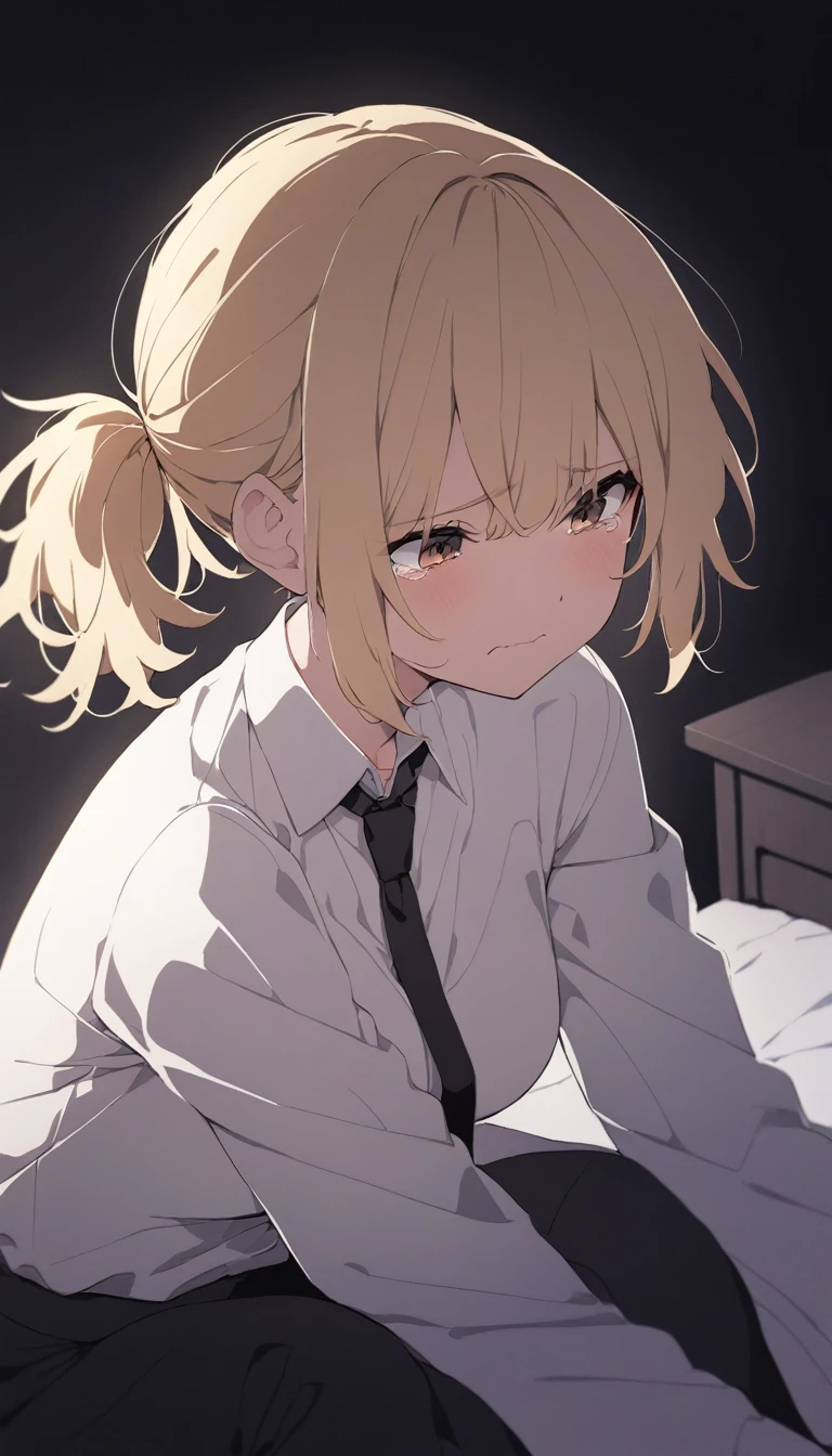 solo, Adult woman, medium breasts, curvy body, Short Messy Ponytail, Blonde hair colors, close up shot on person suffering from anxiety, cry face, a woman showing sadness, lonely woman, a woman sitting in bed, white shirt, black tie, Long-sleeved shirt, black trousers, dynamic angle. no light source, dark background, night days, dark hotel bedroom background,