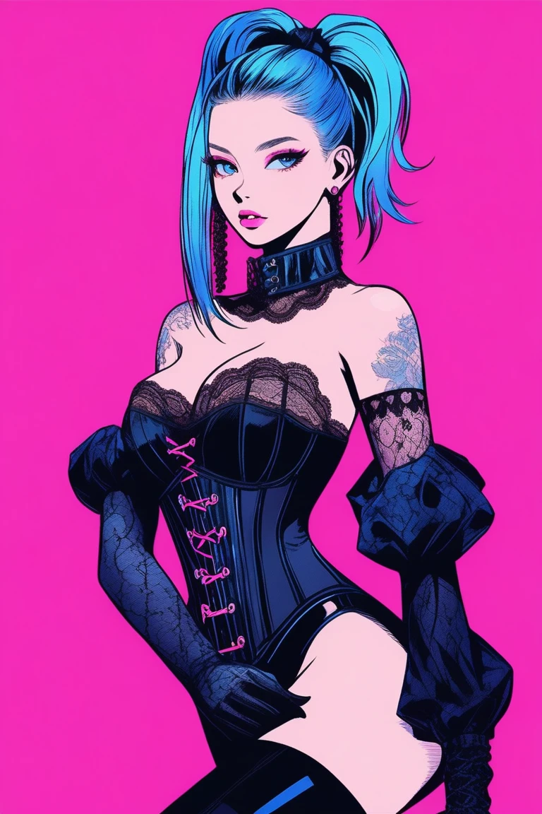 Illustrator, アニメ , Realistic ,sketch , 1 person, model, Portraiture, lip, She is wearing a strapless, lace-filled corset-like bodysuit, Wearing black lace gloves, Order, Blue and pink gradient background, Neon colored Ponytail Hair, Big Breasts, Sexy look, Sexy pose, Texture Trim, Russia, (masterpiece,Highest quality)