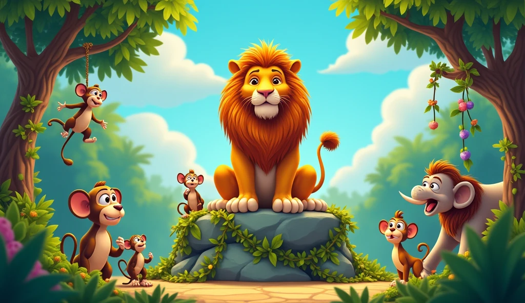 In the jungle show lion as king and other animals as his slaves, 3D cartoon