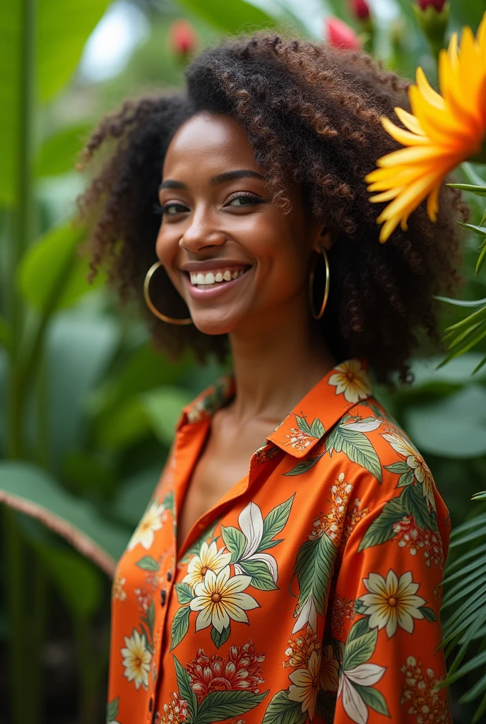 A Brazilian woman in a lush tropical garden, wearing an open shirt with a floral print, with a close-up capturing the harmonious beauty between her breasts and the natural flowers, showing off your natural charm and outgoing personality.