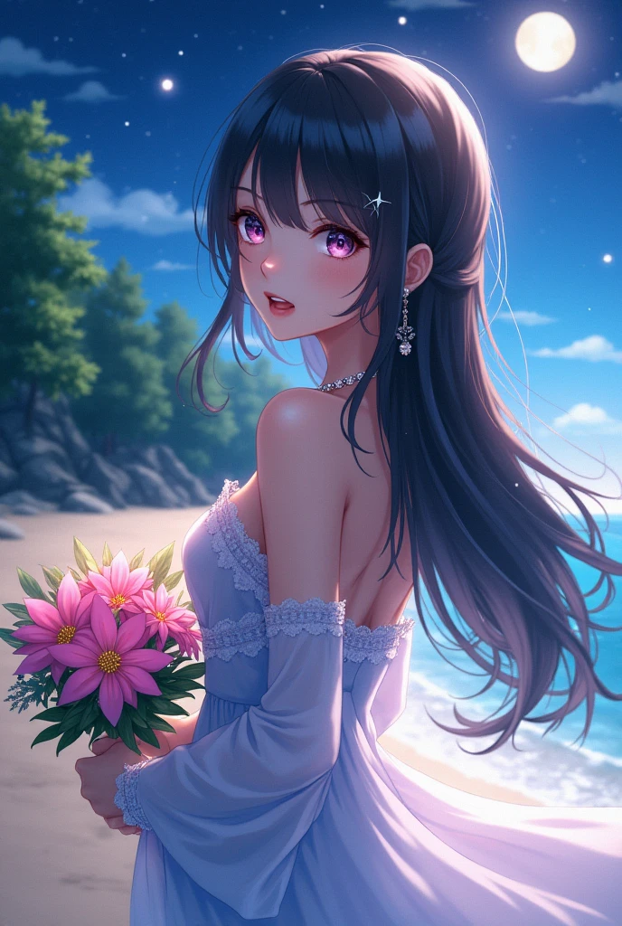 (masterpiece,Highest quality,,8k,High resolution),One female,,Beautiful Face,Beautiful Face,Beautiful eyes,Beautiful lips,,Black Hair,look back,,flower,Sandy beach with a view of the forest,A bright night with stars visible,jewelry,Holding,Long sleeve,necklace,Long Hair,dress,(whole body),Highly detailed anime art,