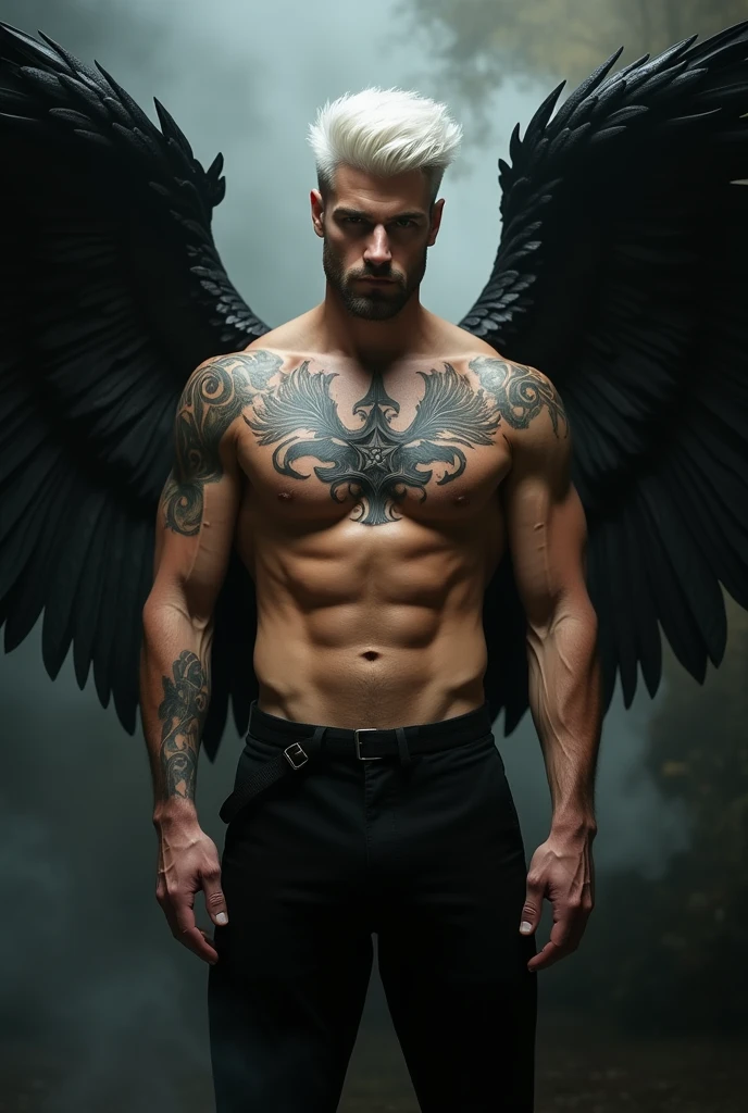 A man with perfect body wear black dress shirtless and evil star tattoo on his chest with black wings white hairs quiff haircut age 38