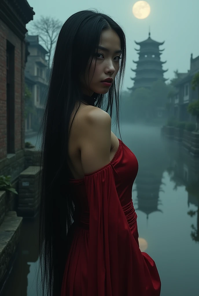 Let a naked woman look from a distant window at an abandoned alien neighborhood. Let the woman have long black hair and a cigarette in her hand.