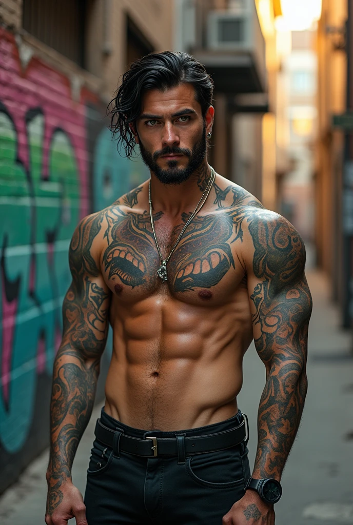 Tall tattooed man with black hair and green eyes
