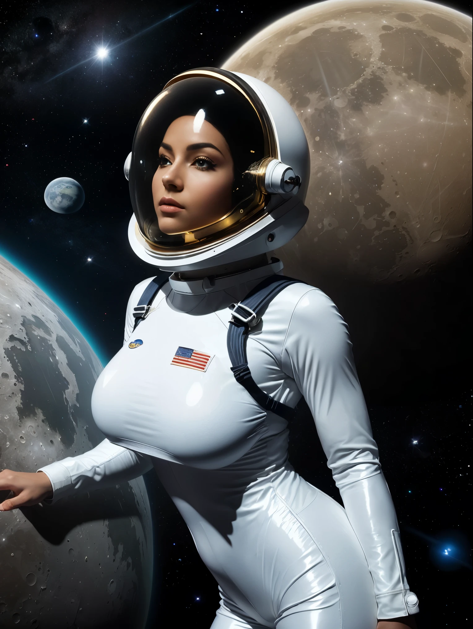 Gorgeous and sultry busty athletic (thin) astronaut with sharp facial features wearing a white space suit, opaque space helmet, gold visor, spacesuit, bodysuit, ray gun, jetpack, spaceship, 1960's, space, lunar surface, moon, earth rise, Earthrise, space, stars, American flag, huge boobs