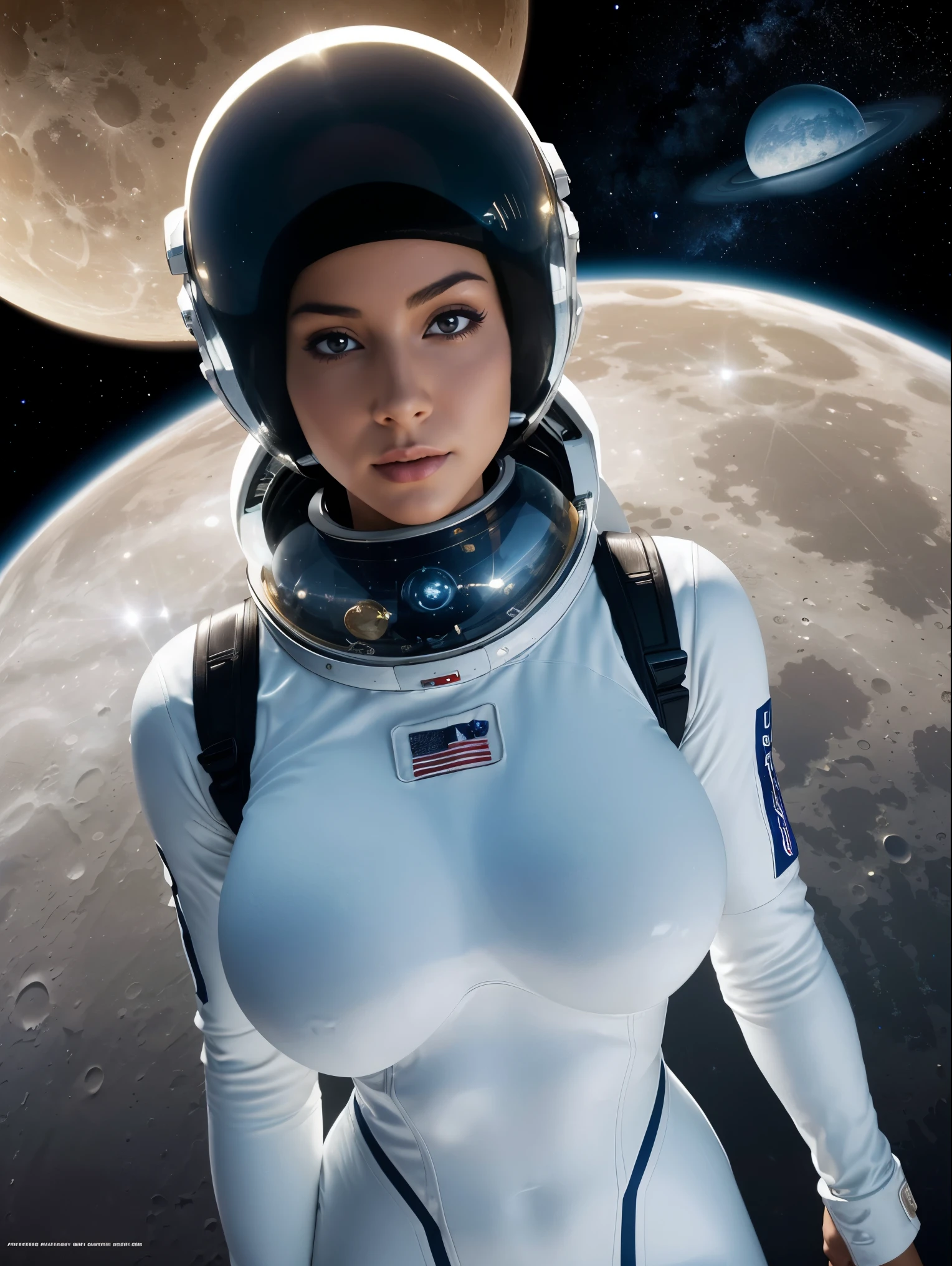Gorgeous and sultry  athletic (thin) astronaut with sharp facial features wearing a white space suit, opaque space helmet, gold visor, spacesuit, bodysuit, ray gun, jetpack, spaceship, 1960's, space, lunar surface, moon, earth rise, Earthrise, space, stars, American flag, huge boobs