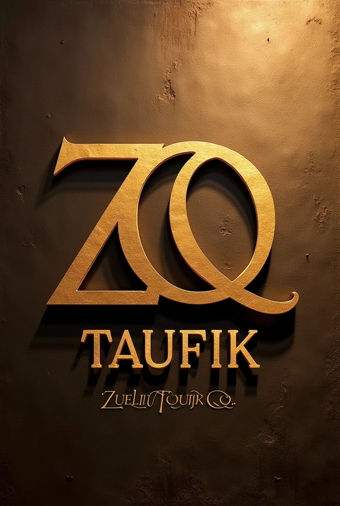 The image shows a textured background with a gold, stylized letter "ZTQ" as the centerpiece. Below the letter, the word "TAUFIK" is written in a gold, elegant font, with a smaller line of text beneath that reads "ZULLY TAUFIK Q." The design gives a luxurious and sophisticated feel, suitable for branding or a logo.