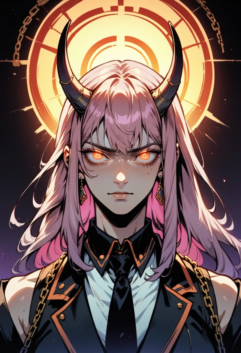 makiman,"A striking digital art portrait of a young woman with long, flowing pink hair, a glowing neon halo, and horns atop her head. Her intense red-orange eyes shine with a piercing, hypnotic gaze. She wears a white collared shirt and a black tie, projecting a powerful, confident presence. Black-gloved hands surround her, gently touching her head and shoulders, adding a sense of tension. The background is dark, with deep shades of purple and red, highlighting the chains crisscrossing behind her, creating a dramatic, otherworldly atmosphere."