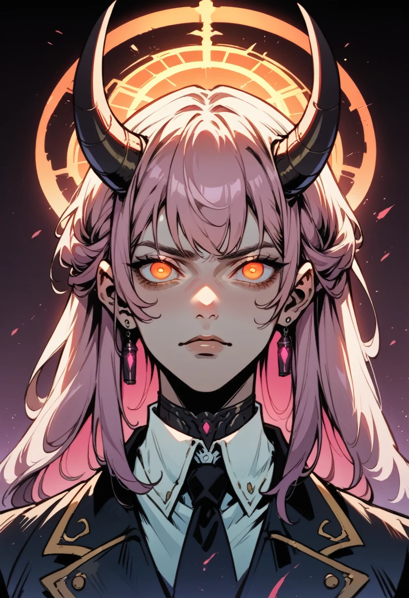 makiman,"A striking digital art portrait of a young woman with long, flowing pink hair, a glowing neon halo, and horns atop her head. Her intense red-orange eyes shine with a piercing, hypnotic gaze. She wears a white collared shirt and a black tie, projecting a powerful, confident presence. Black-gloved hands surround her, gently touching her head and shoulders, adding a sense of tension. The background is dark, with deep shades of purple and red, highlighting the chains crisscrossing behind her, creating a dramatic, otherworldly atmosphere."
