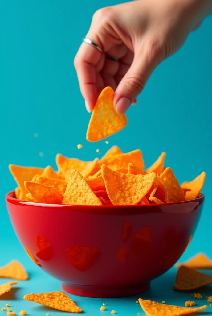 create a large red bowl full of doritos with a cyan blue background with a hand picking up a dorito