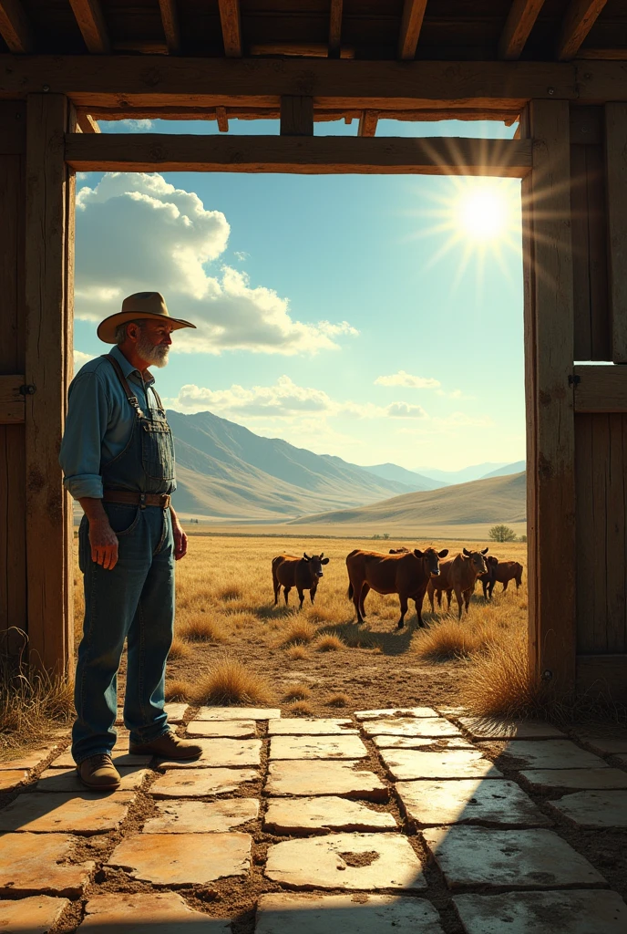 make an image of a corral with poor infrastructure, for example a corral with holes in the tiles and a farmer near the corral with several cows