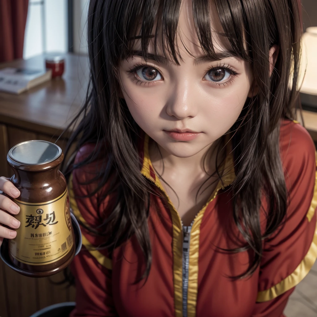 Red Riding Annie from League of Legends by Riot Games: Annie in her Red Riding skin, massive k-cups,dressed as Little Red Riding Hood with a red cloak and hood, conjuring fiery wolves, with Tibbers looking like a giant, ferocious wolf.