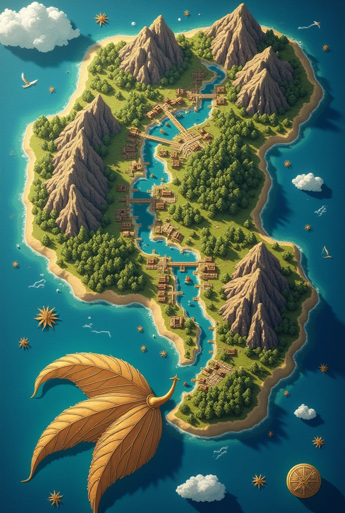 The continent has fish-like shape is divided into five,halo, game map, Hyrule, Ancient Fantasy Regional Map, Highly detailed map,Detailed Map, Height Map,world map、Isekai Map、Map of the Kingdom、Otherworldly Adventure、mountains and rivers、K HD、meticulous、Ground View、Spread up,pixel art