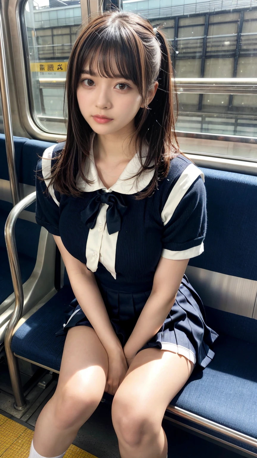 "(Masterpiece, High Definition, Ultra High Definition, 4K) Black hair, 14 years old Japan girl, uniform skirt, emphasizing thighs, white thighs, soft thighs, glossy thighs, sitting on the train, face-to-face angle, (angle from below),sitting in the train seat,Sitting in front,Zoom camera in the crotch,Feet on the train floor,Full body,Looking down and sleepy,Looking at the viewer only", best quality, ultra high definition, (photorealistic:1.4),, high resolution, detail, raw photo, sharp re, Nikon D850 film stock photo by Lee Jefferies 4 kodak portra 400 camera f1.6 lens rich colors hyper realistic lively textures dramatic lighting unreal engine artstation trends cinestir 800,