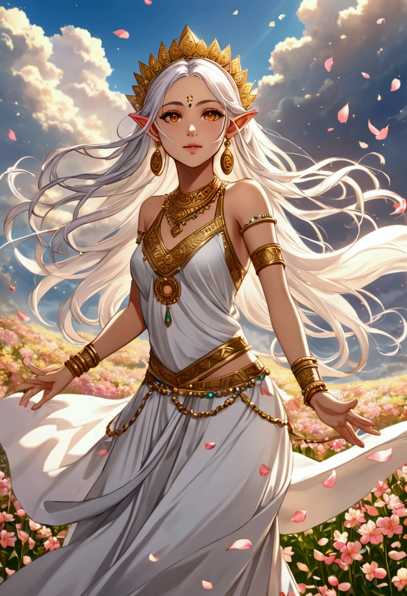 ((best quality))) (((HD))) (((8k))) (character) 20-year-old girl, elf, ((beautiful)) and ((happy)), ((Golden eyes)) light brown eye shadow ((white hair)) and ((long hair)), gold tribal marks on face, many flowers in hair, ((gold septum nose peircing)) ((gold earrings)) tip of ear pierced. ((White dress)) flows in the wind. Large gold bracelets, large gold anklets, (pose) arms reaching up to the sky, dancing((Tribal princess)) ((Enchanting)) ((mystical)) lures you in. Flower petals blow in wind