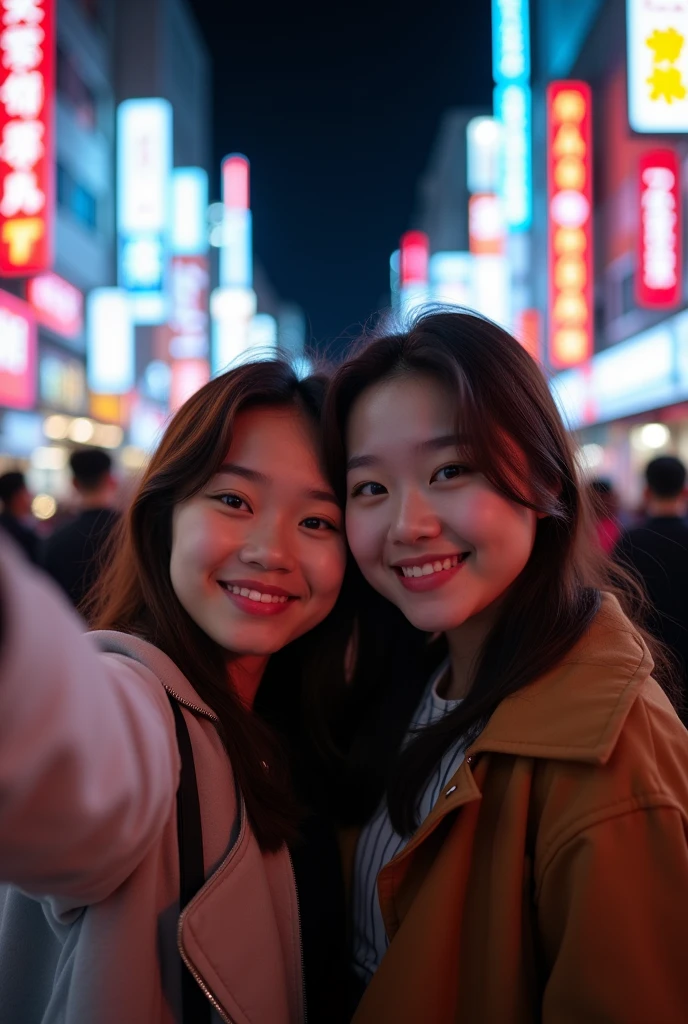 Highest quality、Portrait、Selphy、friend、In town、night、Selfie Reality、live-action、Japanese、18-year-old、(Hostess)、Brown Hair、private、Off-shot
