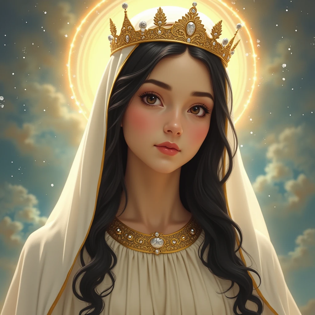 Our Lady of Fatima, Mary of Catholicism, face of mary, face perfect, rosto angelical, blackquality hair, white veil, ultra realisitic, wall-paper, super realistico, beautiful face, heavenly beauty, Catholic, holy mary, Mother of God, only upper part, Heart of Our Lady of Fatima, slightly-smile, cute face, facial expression of tenderness, slightly-smile, Maternal love, standing alone, perfect youthful face, detalhes super realistico, extreme detailed face, PICTURE REALISTIC, detail in the calm eyes, detalhe no face perfect, perfect catholic image,incredible beauty , gold and diamond crown, beautiful heart, Catholic Heaven.