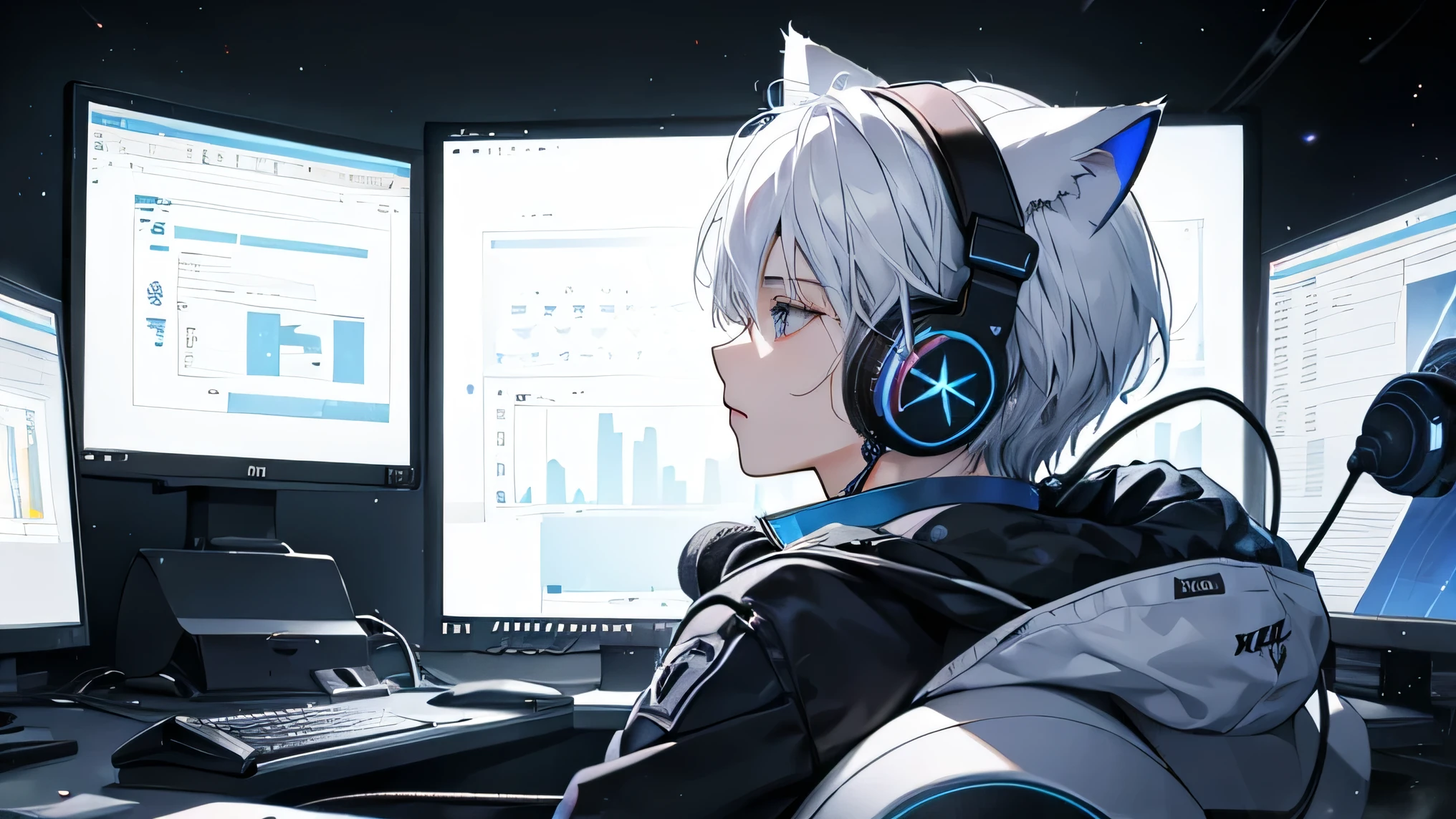 Distributor、Cat ear headphones、monitor、profile、Beautiful Boy、prism、Condenser microphone、White Hair、electronic sound