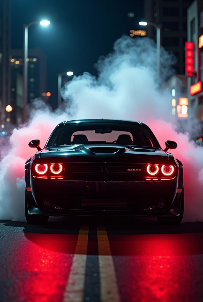 Dodge challenger black colours tire smoke red headlights monster look 