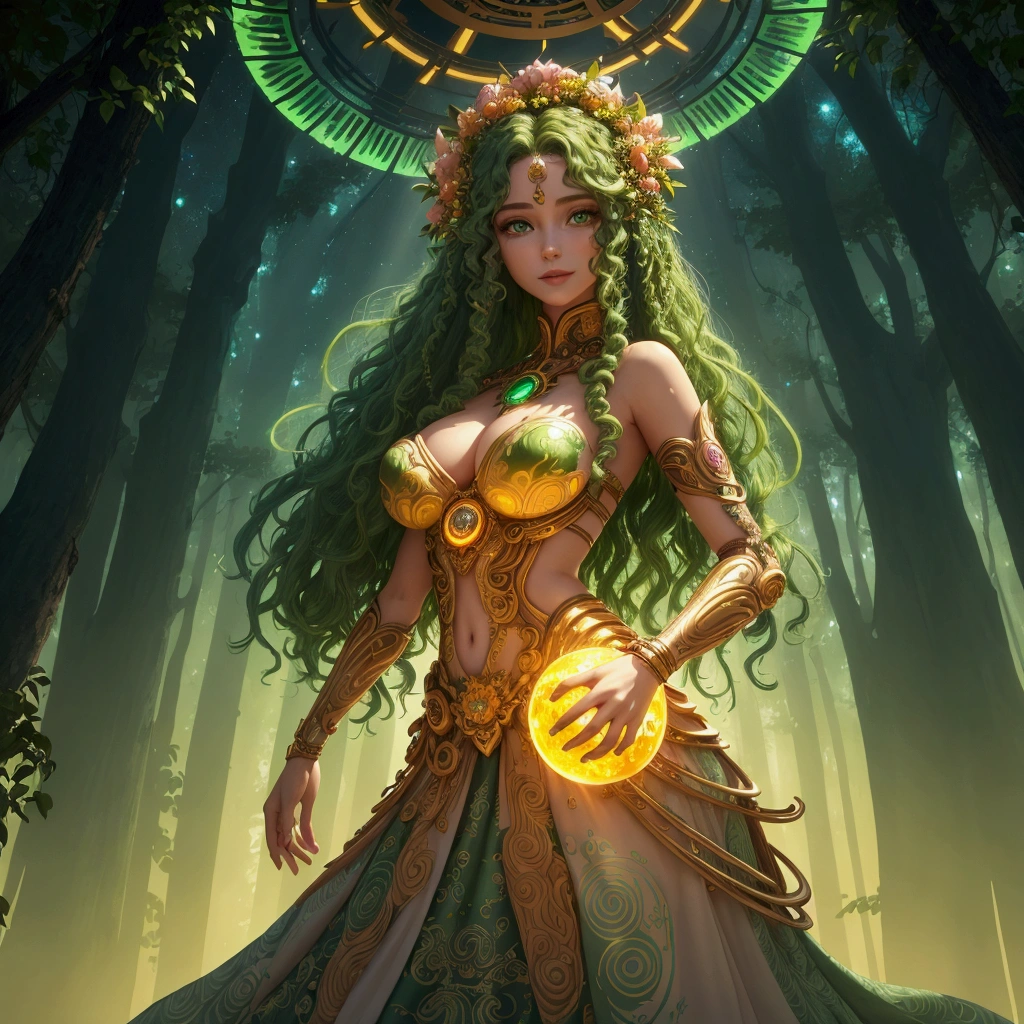 A vibrant and harmonious illustration of Solarpunk Gaia, depicting a futuristic yet organic world where nature and technology coexist in perfect balance. The image features a serene and powerful Gaia, a goddess of the Earth, standing amidst a lush forest with towering trees, their trunks adorned with glowing, ethereal circuits and wires. Gaia's skin has a warm, golden undertone, and her hair is a wild tangle of curly, verdant locks, with leaves and vines woven throughout. Her facial features are strong and gentle, with high cheekbones, a subtle smile, and piercing emerald green eyes that shine like the brightest stars. She wears a flowing, ornate gown made of iridescent fabrics that shift and shimmer like the aurora borealis, with intricate patterns resembling the networks of a motherboard. The background is a warm, sunny yellow, with hints of orange and pink, evoking a sense of optimism and hope. The overall style is a blend of fantastical, dreamlike quality and meticulous, industrial precision, with bold lines, subtle textures, and a sense of depth and dimensionality.