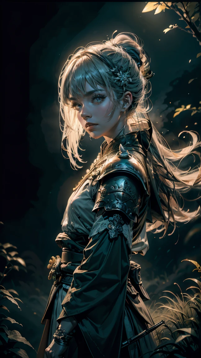 standing in bright sunlight, Highly dramatic lighting Action Scene, Feudal samurai wearing bright white fantasy armor with jelly Emblem coming Out of the Fog wearing a burning intricate detailed samurai Armor, cloak over one shoulder, atmospheric backlight, atmospheric haze, Film grain, cinematic film still, shallow depth of field, highly detailed, high budget, cinemascope, moody, epic, OverallDetail, gorgeous, 2000s vintage RAW photo, photorealistic, candid camera, color graded cinematic, eye catchlights, atmospheric lighting, skin pores, imperfections, natural, shallow dof, deep blacks, high monochrome contrast,