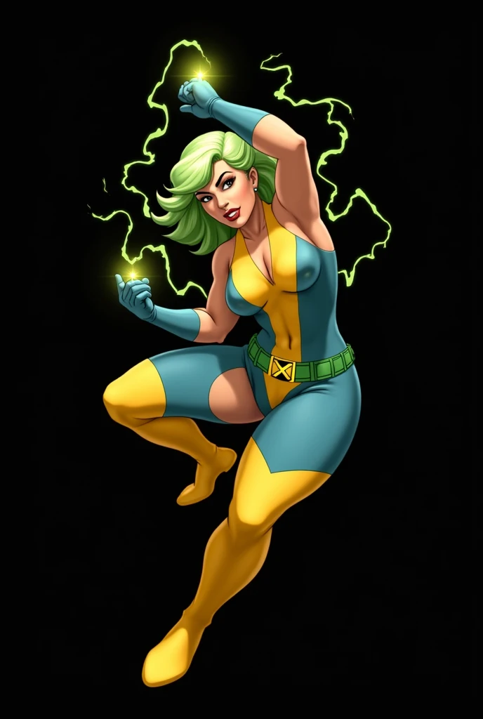 (Lorna Dane, polaris x-men, (attack uppercut pose:1.4), (busty and voluptuous body), (naked arms), (green thick wavy long hair:1.4), (huge breast:1.6), wearing a blue costume, big yellow in the chest and stomach, with yellow xmen belt, blue glowes, yellow boots, (she's surrounded by a green energy:1.5), (comic style:1.4)