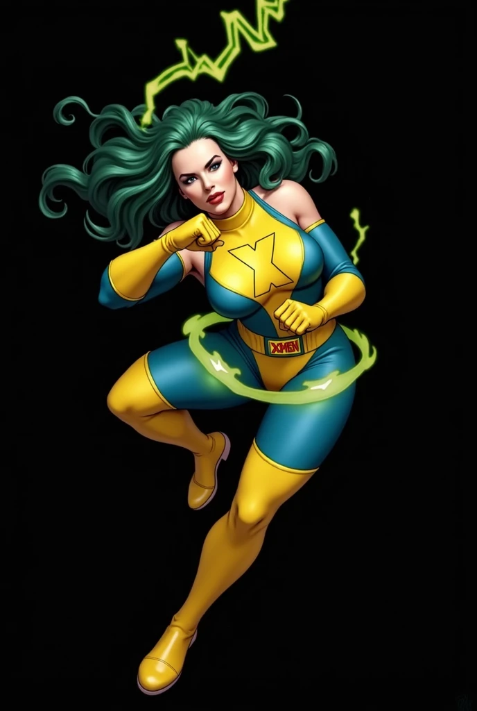 (Lorna Dane, polaris x-men, (attack uppercut pose:1.4), (busty and voluptuous body), (naked arms), (green thick wavy long hair:1.4), (huge breast:1.6), wearing a blue costume, big yellow in the chest and stomach, with yellow xmen belt, blue glowes, yellow boots, (she's surrounded by a green energy:1.5), (comic style:1.4)