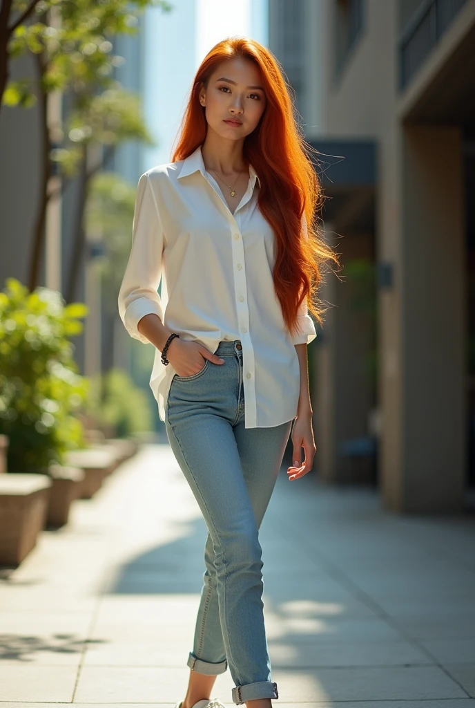 Thai woman, adult, white skin, long red hair, wear white shirt, lightblue jeans, canvas shoes, 4k,head to foot