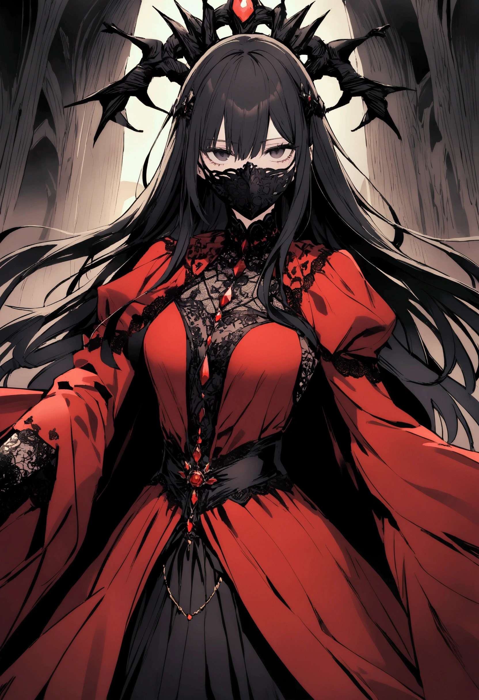 A girl in a red robe with dragon edges has black hair and black eyes with her touch of crisis *They had a tattoo of an Asian dragon on their entire back which moved at will.* powerful manga but has suffered various tortures has always given you a black lace mask that covered part of your face leaving only the eyes visible one of the most powerful magicians an alpha disciple of cadis di etrama raizel reigned a kingdom covered in black magic
