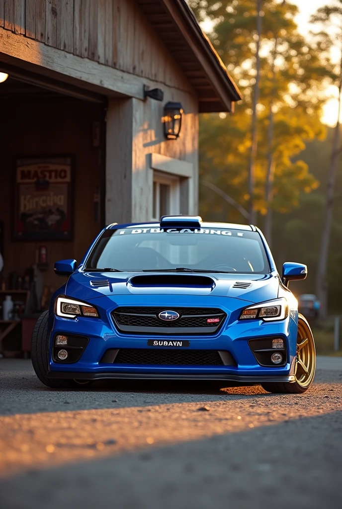 Subaru GC8 ,blue,Gold wheels, Park in front of the garage, At dawn, Realistic, wrc, Collision