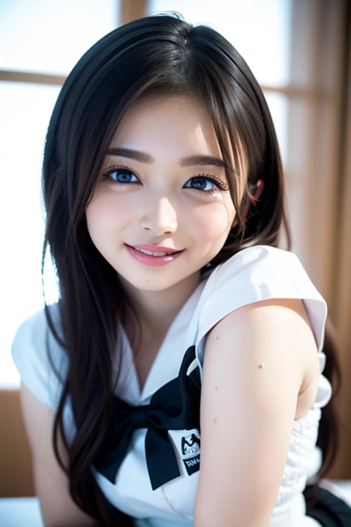 masterpiece, best quality, ultra-detailed, kawaii, cute, lovely, sexy, ero, extremely detailed, 4K, 8K, best quality, beautiful, upper body, dynamic angle, in the room, a cute girl, solo, sailor suit, beautiful rainbow hair, beautiful blue eyes, beautiful eyes, wearing underpants, aurora
