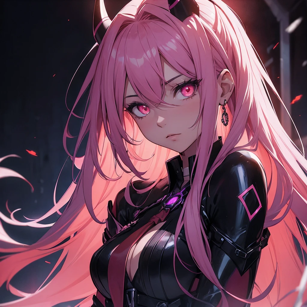 makiman,"A striking digital art portrait of a young woman with long, flowing pink hair, a glowing neon halo, and horns atop her head. Her intense red-orange eyes shine with a piercing, hypnotic gaze. She wears a white collared shirt and a black tie, projecting a powerful, confident presence. Black-gloved hands surround her, gently touching her head and shoulders, adding a sense of tension. The background is dark, with deep shades of purple and red, highlighting the chains crisscrossing behind her, creating a dramatic, otherworldly atmosphere."