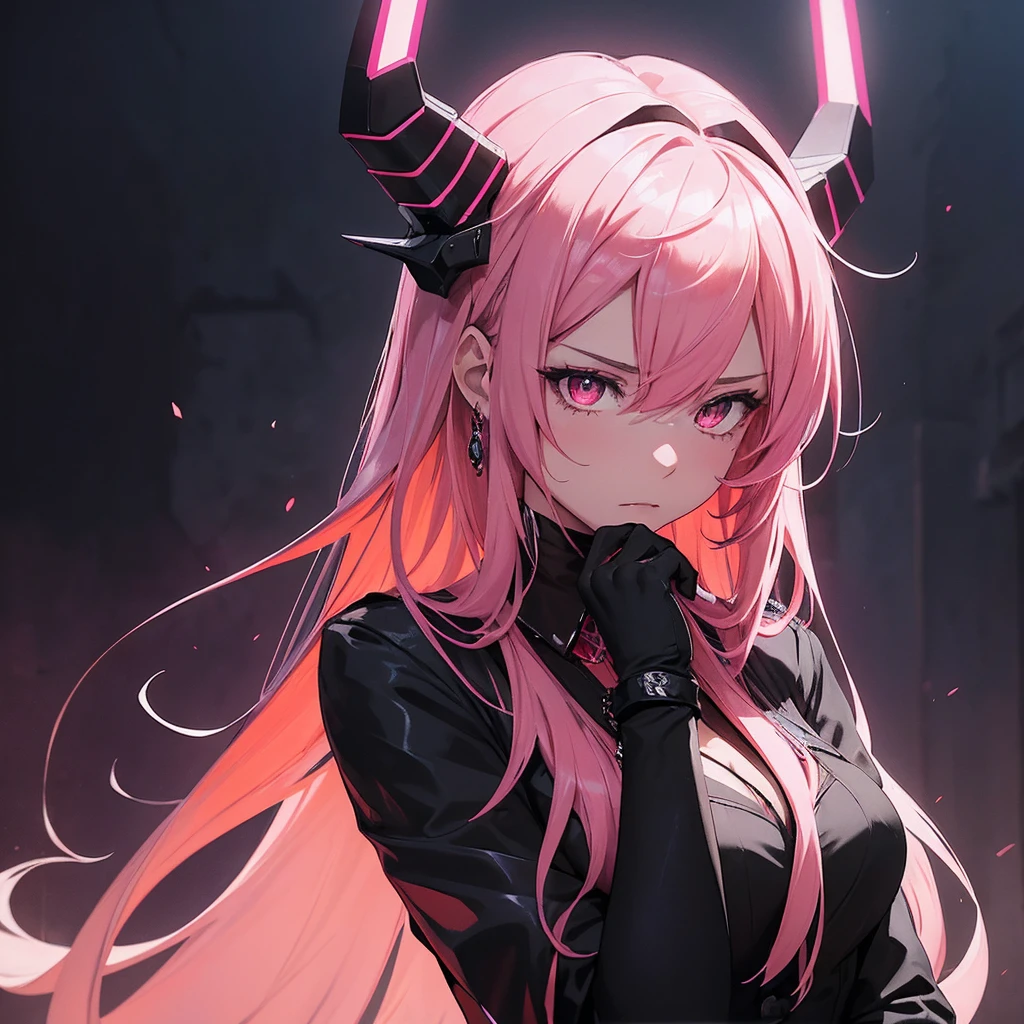 makiman,"A striking digital art portrait of a young woman with long, flowing pink hair, a glowing neon halo, and horns atop her head. Her intense red-orange eyes shine with a piercing, hypnotic gaze. She wears a white collared shirt and a black tie, projecting a powerful, confident presence. Black-gloved hands surround her, gently touching her head and shoulders, adding a sense of tension. The background is dark, with deep shades of purple and red, highlighting the chains crisscrossing behind her, creating a dramatic, otherworldly atmosphere."