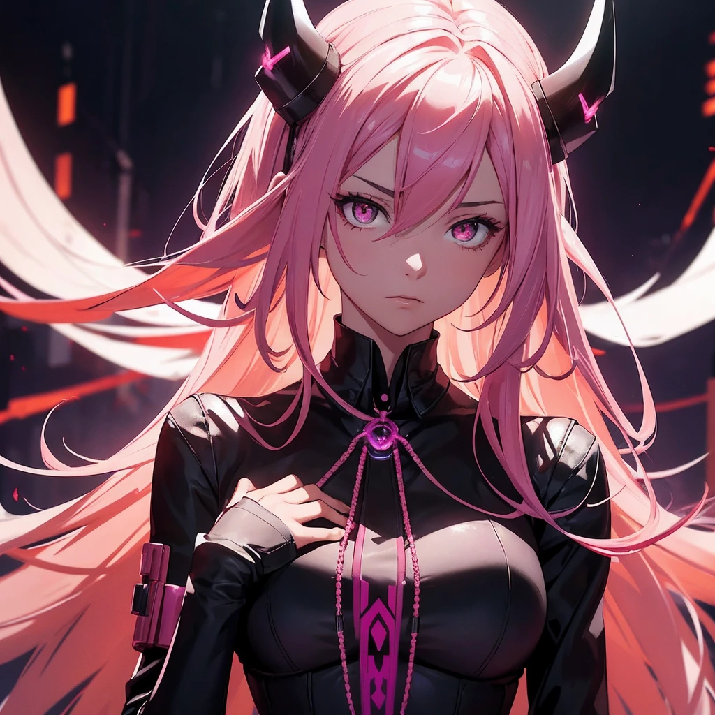 makiman,"A striking digital art portrait of a young woman with long, flowing pink hair, a glowing neon halo, and horns atop her head. Her intense red-orange eyes shine with a piercing, hypnotic gaze. She wears a white collared shirt and a black tie, projecting a powerful, confident presence. Black-gloved hands surround her, gently touching her head and shoulders, adding a sense of tension. The background is dark, with deep shades of purple and red, highlighting the chains crisscrossing behind her, creating a dramatic, otherworldly atmosphere."