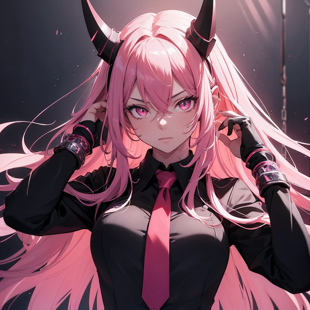A demon with black little horn pink hair and a demon tail