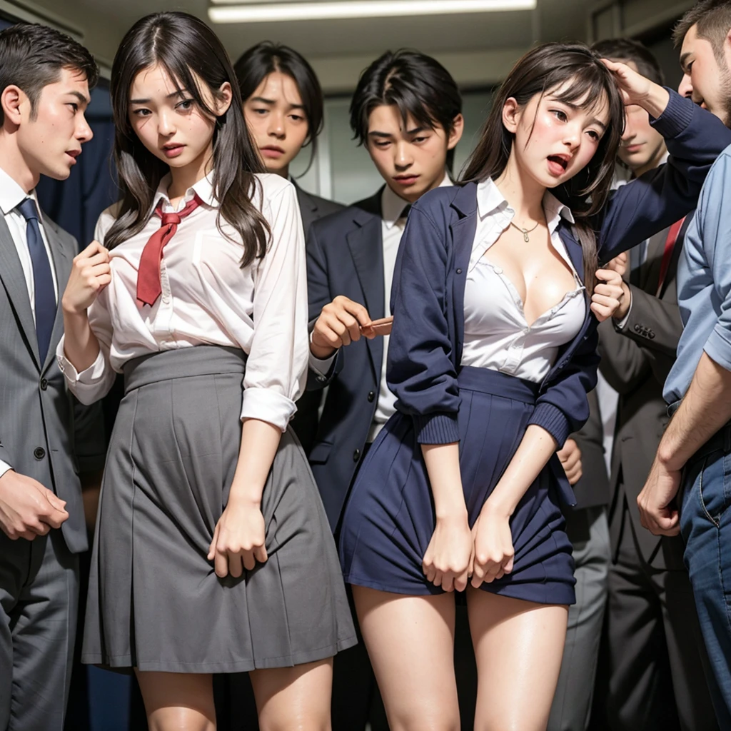 Beautiful innocent high school girl surrounded by excited high school boys, A high school boy rips his uniform off to reveal his sexy underwear, A high school boy grabs my breasts from behind, Anatomically correct, Being molested by a group of high school boys, Be surprised to see the viewers, bus, Beautiful wavy brown medium bob hair, Screaming with her mouth open in shame at being seen, blush, Body flushed red, Wet with sweat, Increased sensitivity, Tears overflow from your beautiful eyes, Ultra high definition, Slender body, Idol, Japanese, Cowboy Shot