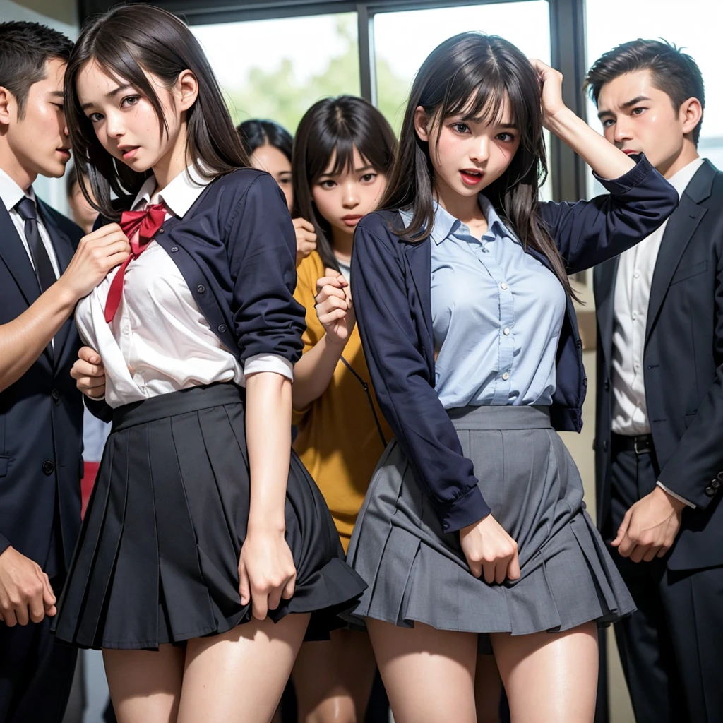 Beautiful innocent high school girl surrounded by excited high school boys, A high school boy rips his uniform off to reveal his sexy underwear, A high school boy grabs my breasts from behind, Anatomically correct, Being molested by a group of high school boys, Be surprised to see the viewers, bus, Beautiful wavy brown medium bob hair, Screaming with her mouth open in shame at being seen, blush, Body flushed red, Wet with sweat, Increased sensitivity, Tears overflow from your beautiful eyes, Ultra high definition, Slender body, Idol, Japanese, Cowboy Shot
