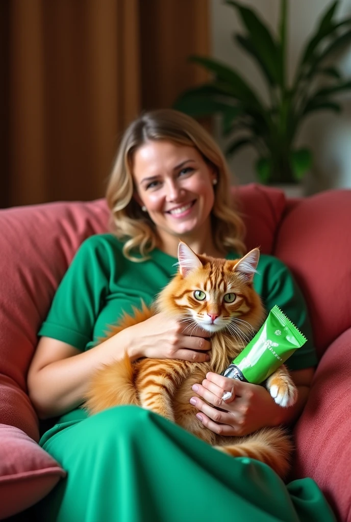A photo of an orange cat with white paws and green eyes, sitting on the lap of its female owner in her mid-30s wearing a bright emerald-green dress. Women has a green treat package. The background is a vibrant living room filled with warm colors like deep coral pink and rich burgundy hues. This scene captures their moment together