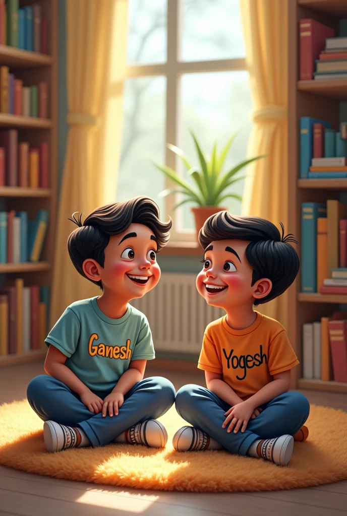 2 friends siting on the study room one boy name "Ganesh" written on the shirt and another boy name "YOGESH" written on the t shirt 2d cartoon behind the cartoon best friend text