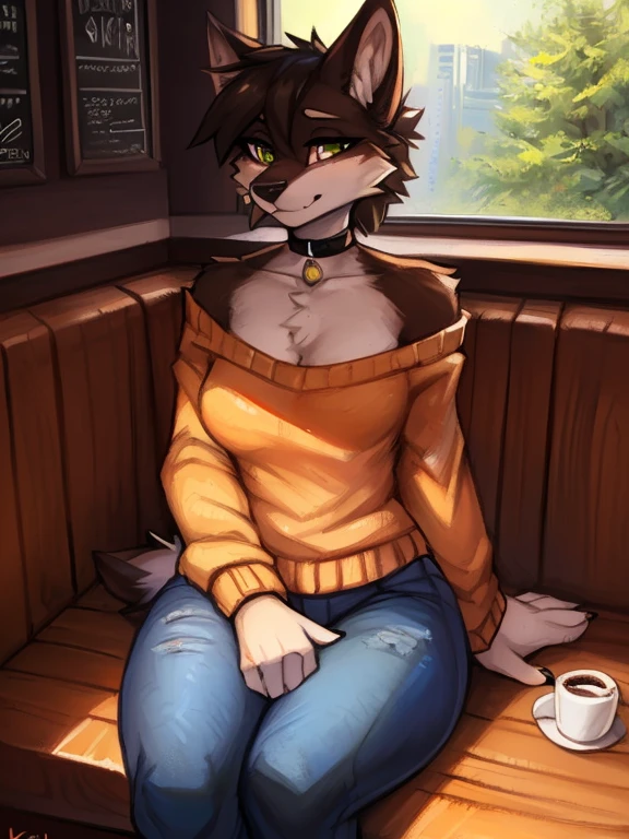 fluff-kevlar, by Zackary911, by Kenket, by Kilinah, by fluff-kevlar, (masterpiece), (best quality), (anthro furry:1.3, snout:1.2, anthro:1.3, furry:1.2, solo female:1.2), (extremely detailed:1.3), (extremely detailed eyes), (muscular figure, thick figure), (wide hips), (thick thighig breastlack jeans, choker, wearing an off-shoulder sweater, day time, (coffee shop background), sitting in a booth, (perfect posture, king expression)