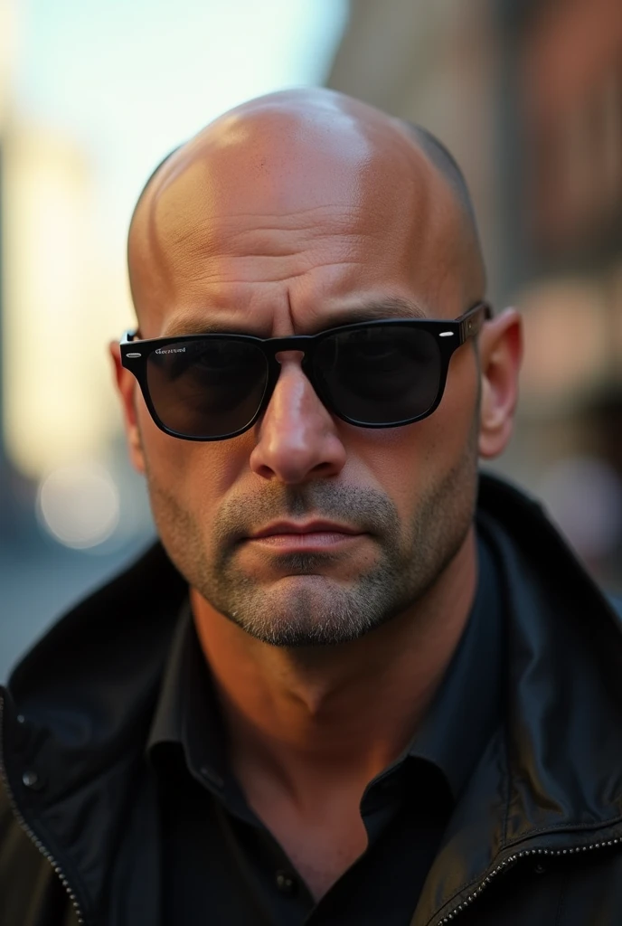 I need you to make a man with a handsome, strong, bald face and a slightly full face as if he were a little chubby., and the image needs to be from the shoulder up and the nose a little flatter than the beard and the person wearing sunglasses and the mouth with the corners slightly down