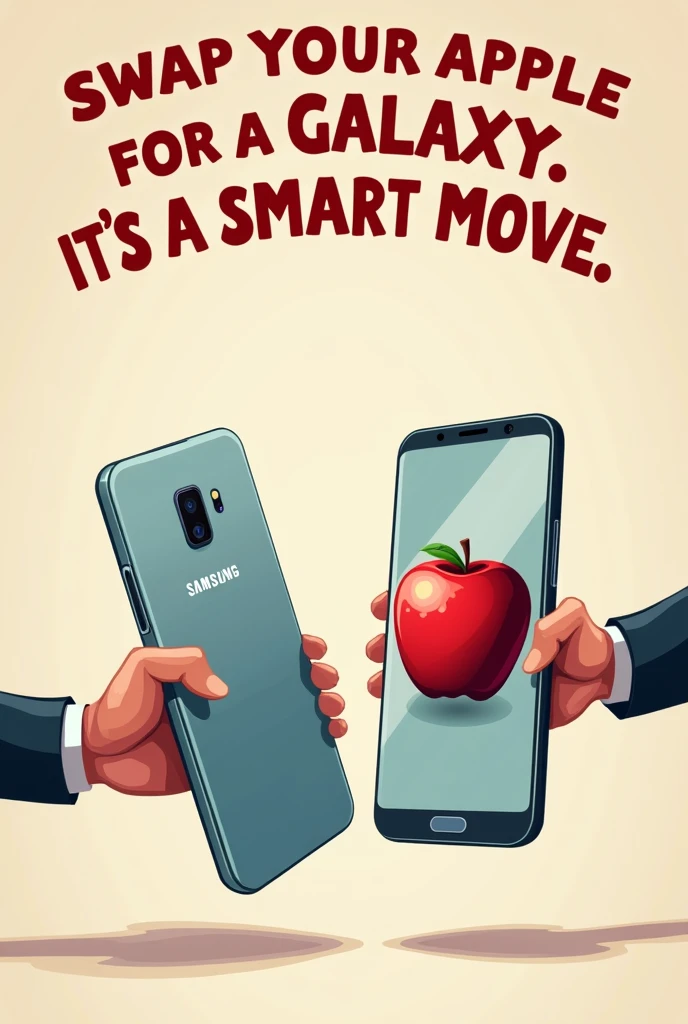 Here’s a prompt for generating an image with the tagline:

**"Create an image featuring a modern Samsung phone displayed prominently. Next to it, show an iPhone with a comically large apple on its screen or as part of its design, implying it's outdated or less advanced. Include a hand reaching from the side, holding the Samsung phone, and another hand holding the iPhone with a look of hesitation. The tagline 'Swap Your Apple for a Galaxy. It’s a Smart Move' should be prominently displayed at the top or bottom of the image in a stylish, bold font. The overall theme should be humorous and emphasize the upgrade from iPhone to Samsung."**