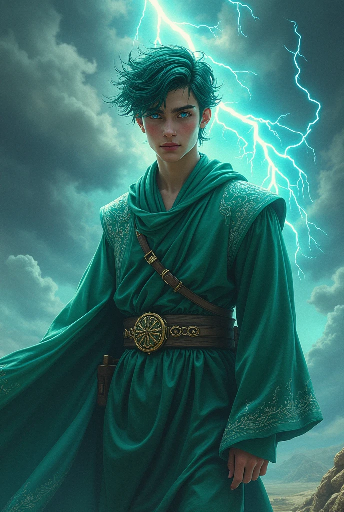 A age man with Kurdish and green hair, blue-eyed who dominates the elements