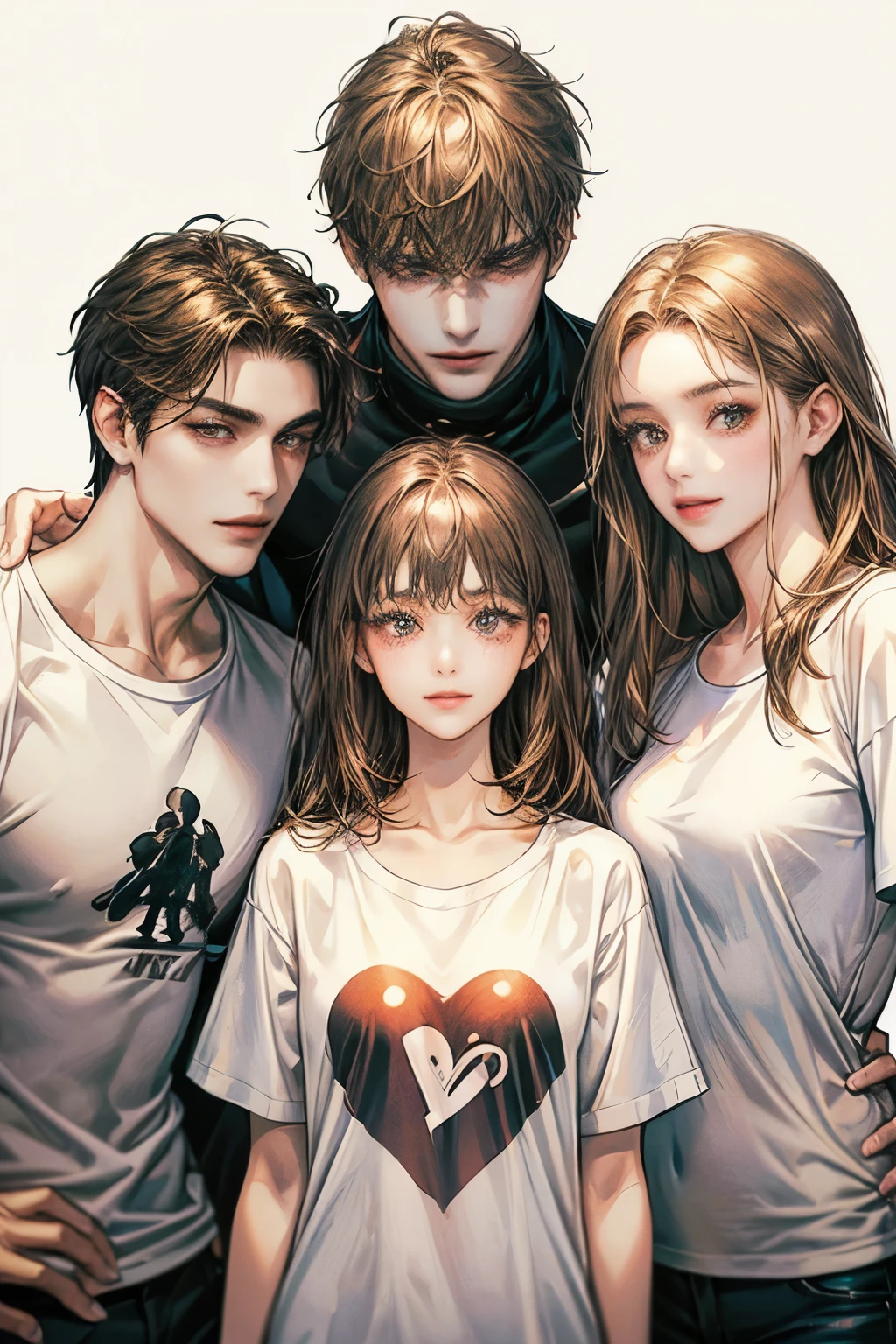 Three man and Three woman, threeCouple taking photos,handsome,A man wearing a white shirt..,A woman wearing one-piece clothing,man and womanยิ้ม,heart,parts, t-shirt,
brown hair, simple background, long hair, black hair, shill,