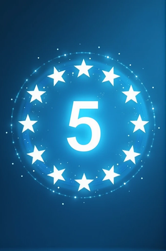 Creat a realistic image which represents 5 star rating screen full of stars attached to the circle
and write " 5" in the center of the image in circle. Theme should be sky blue and white