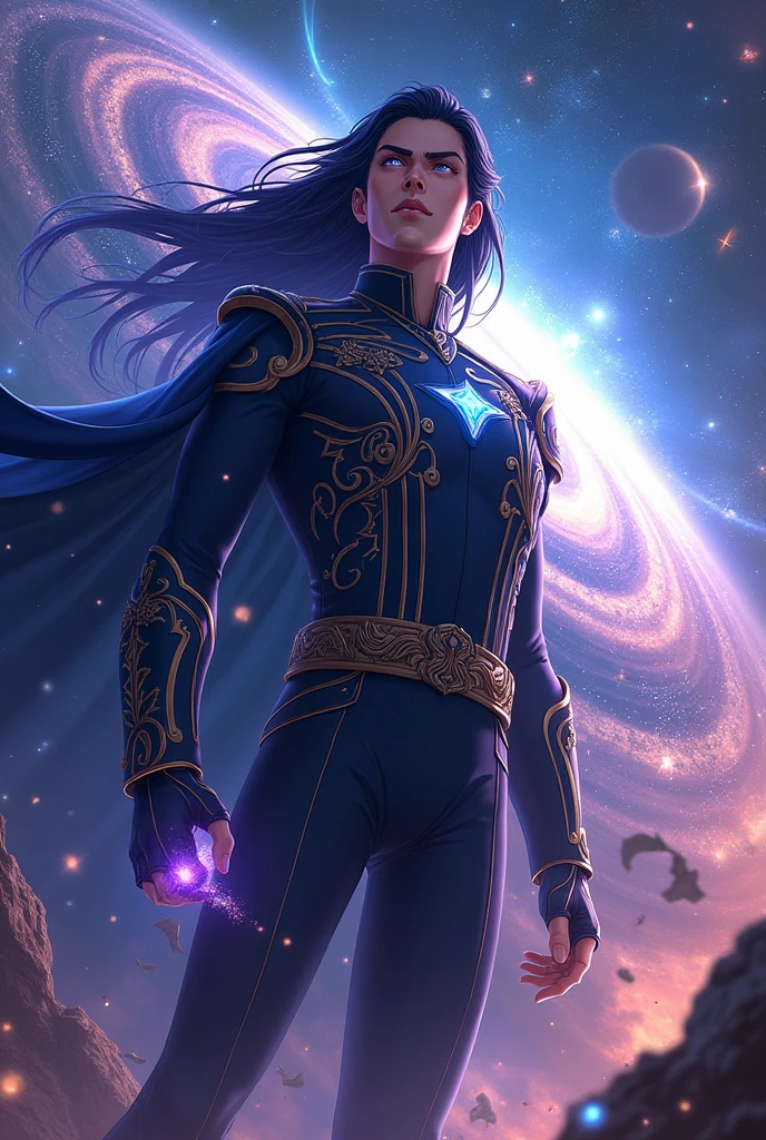 **Pose and Appearance:**
- **Posture**: Admiral Gufran stands confidently, perhaps in the middle of the battlefield or in a dominant position in empty space. His body was surrounded by a cosmic aura that showed the power and control he possessed.
- **Facial Expressions**: His face shows calm and strength, with eyes that shine or radiate cosmic light indicating the power within him.
**Void and Cosmic Effects:**
- **Void Effect**: Around Gufran, there is an area that looks like a small black hole or vortex that sucks in matter and energy. There may be visual effects such as space distortion or areas that appear to be missing nearby.
- **Cosmic Energy**: Gufran is surrounded by shimmering cosmic light or energy, possibly blue or purple, that flows out of his body or forms geometric shapes around him.
- **Gravity Manipulation**: There may be visible gravitational effects, such as objects floating in the air or surfaces appearing to curve around the Gufran.
**Environment:**
- **Cosmic Dimensions**: The image background may be a cosmic landscape or other dimension that is warped or mixed with void effects. This could include stars, galaxies, or strange space structures.
- **Void Influence**: The area around Gufran may appear lost or scarred by his void power, with objects or light being drawn into it.
**Accessories and Details:**
- **Clothing**: Admiral Gufran may wear military clothing or armor with a futuristic or cosmic design, possibly with symbols indicating Cosmic Devil Fruit powers.
- **Weapon or Tool**: If he is holding a weapon, it may appear to be an energy weapon or have prominent cosmic effects. Add hair and anime style, make him look eastern asia. And the uniform is an navy uniform . And draw him destroying his enemies