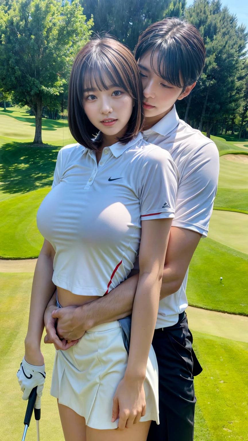 1 young office lady being hugged from back by 1 man:1.2,close to each other:1.1), (man's hand touching her breast:1.1),very cute face,bob cut,white skin-tight golf uniform,embarrassed,golf course,perfect anatomy, masterpiece, best quality,8k,perfect face,from front,upper body