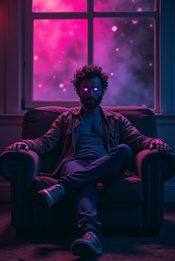 Black light art ,with black background,Carl Bacchus' style, Full body portrait of person sitting in living room