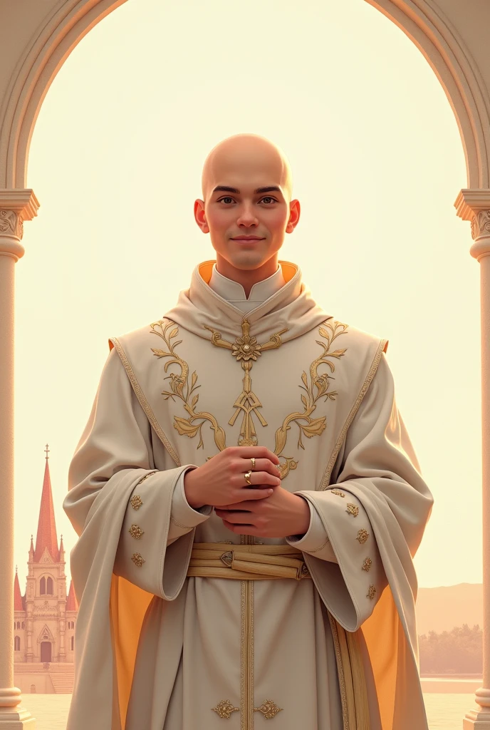digital illustration, A young bald priest with bright brown eyes, smiling, open frame, whole body. Ken style details about clothes. angelic beauty, Neutral background pastel tones, A red-roofed church looks very small