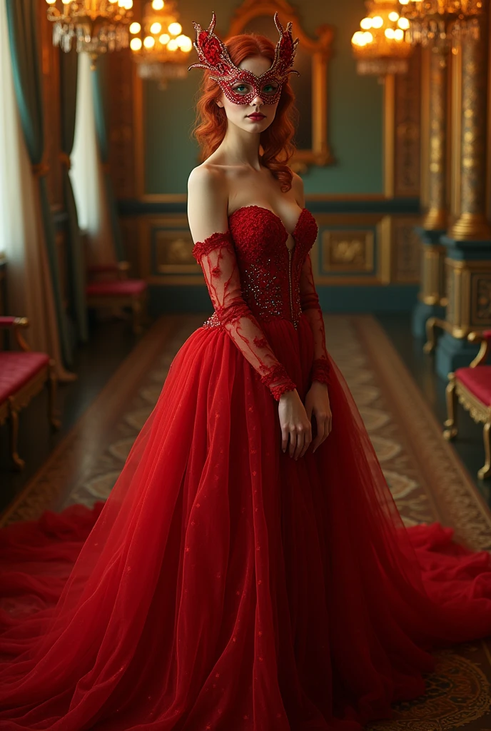 Redhead woman in long red dress and ball mask ,fully body